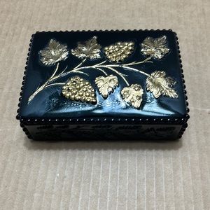 Vtg Trinket Box Black Glass Gold Trim Beaded Westmoreland Grape and Leaf
